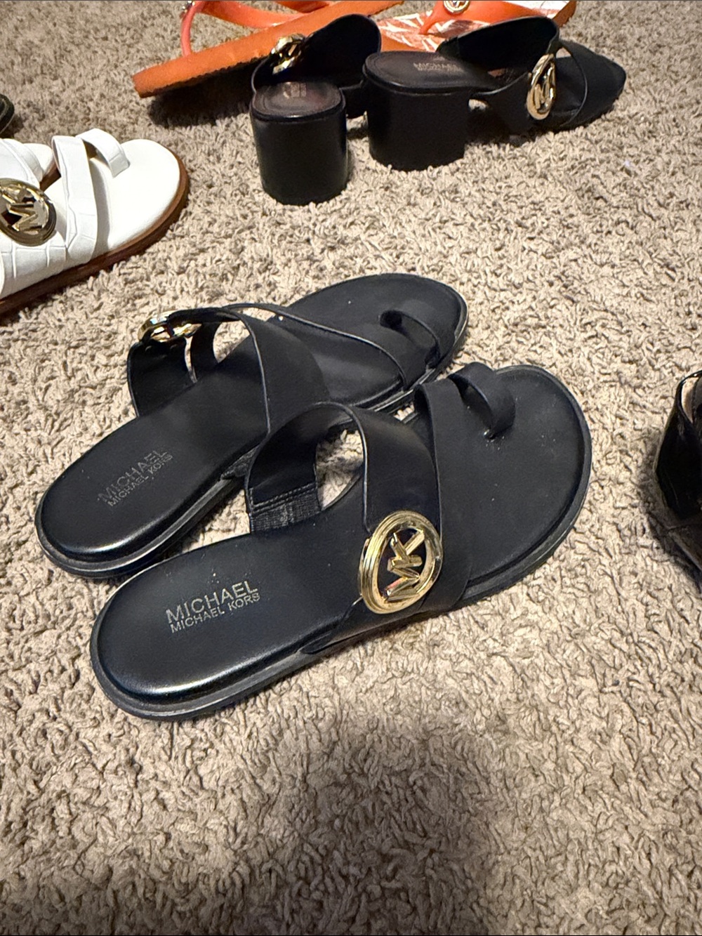 Michael Kors Black Leather Gold MK Slide Sandals